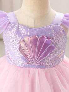 Glamorique Kids Đầm đính sequin hình vỏ sò, chân váy phồng voan màu tím ombre, đầm dự tiệc chủ đề đại dương cho bé gái. - Màu tím - Xem 4