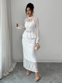 Elenzga Women's Elegant Lace Flare Sleeve Waist Fitted Top And Straight Hem Skirt 2 Pieces Set - White - View 5