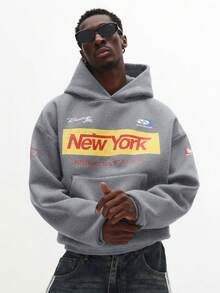 Áo hoodie dáng ngắn in họa tiết SUMWON New York International Studios với túi giữa, kiểu dáng thường ngày. - Xám - Xem 1