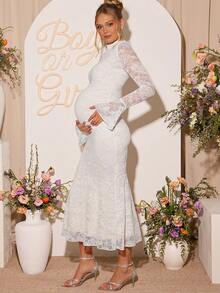 Loomaby 孕妇花卉蕾丝领喇叭袖褶皱鱼尾下摆修身优雅连衣裙 - 白色 - 查看 3