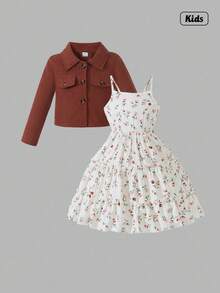 Sweetra 2 件女童时尚西装领长袖夹克搭配松紧腰 A 字形花卉印花吊带裙套装，适合休闲、度假穿着，春秋季 - 棕色 - 查看 1