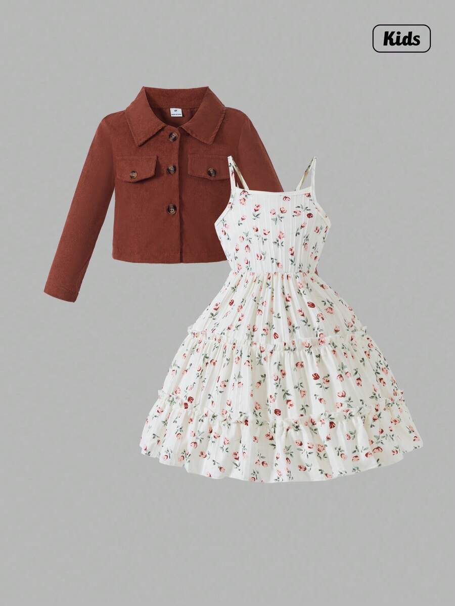 Sweetra 2 件女童时尚西装领长袖夹克搭配松紧腰 A 字形花卉印花吊带裙套装，适合休闲、度假穿着，春秋季 - 棕色 - 查看 1