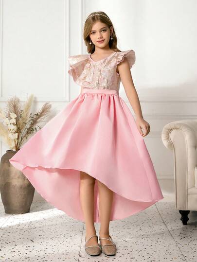 少女优雅粉色提花缎面拼接短袖修身正式连衣裙，前短后长，适合晚宴、圣诞节、万圣节、婚礼、舞会、度假、毕业季等场合。