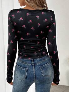 SHEIN LUNE Women's Casual Long Sleeve T-Shirt, Suitable As Autumn/Winter Base Layer,Graphic Tees - Black - View 2