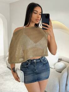 Shopreo Blusa elegante para mujer de manga corta, cuello asimétrico y transparente - Caqui - Ver 6
