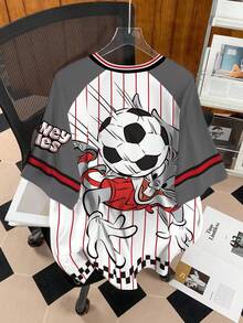 LOONEY TUNES X SHEIN Women's Striped & Cartoon Pattern V-Neck Short Sleeve T-Shirt - White - View 2