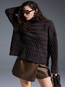 MYSTAURA Sweater Wanita Kasual Warna Polos dengan Kerah Tegak, Musim Gugur/Dingin - Dark Grey - View 6