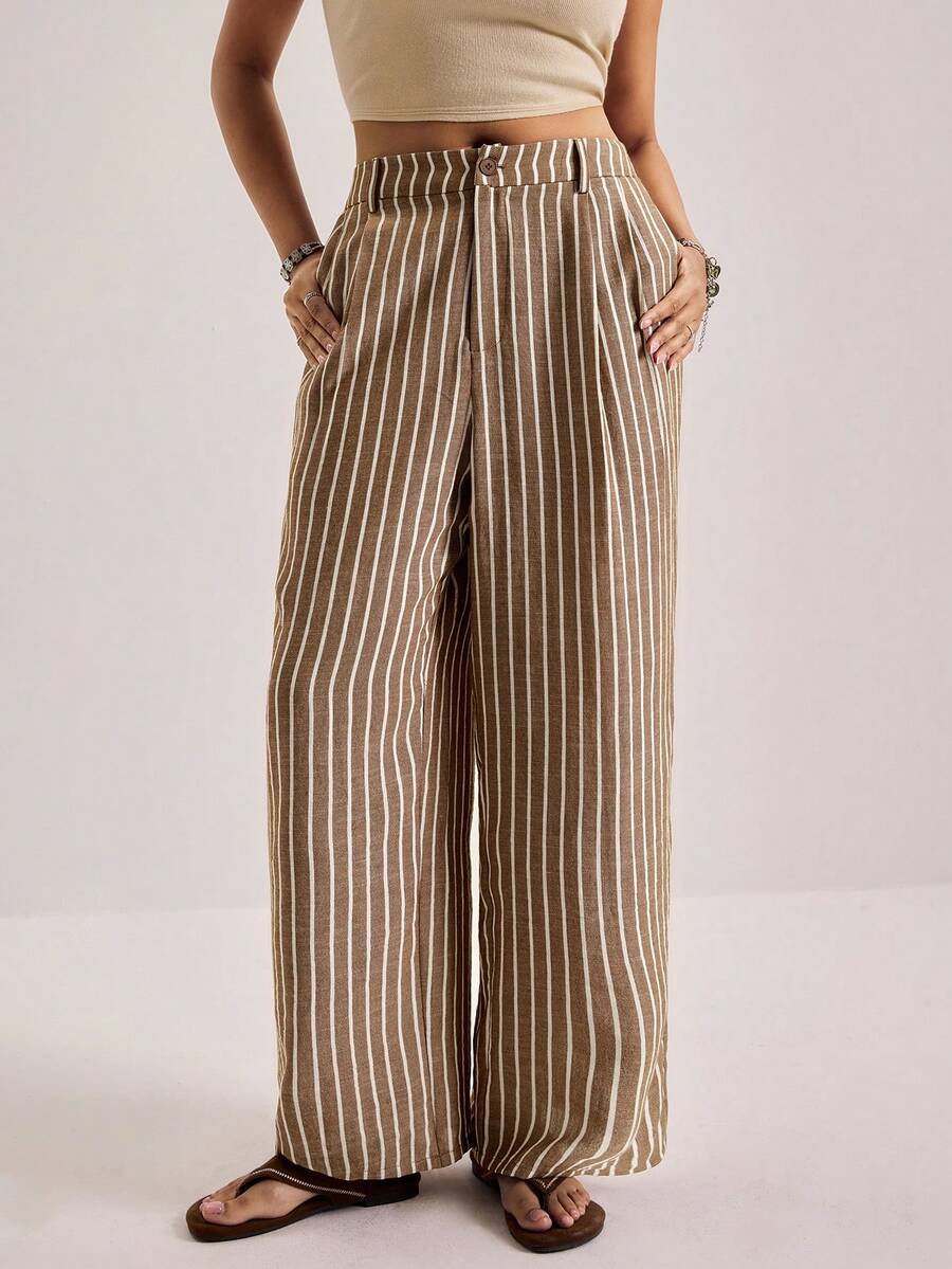 SHEIN VCAY Plus Size Casual Striped Loose Pants - Coffee Brown - View 1