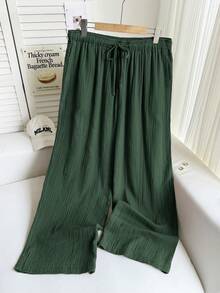 Comfortcana 夏季纯色皱褶纹理宽松抽绳系带腰部 100% 纯棉休闲阔腿裤，加大码 - 墨綠色 - 查看 11