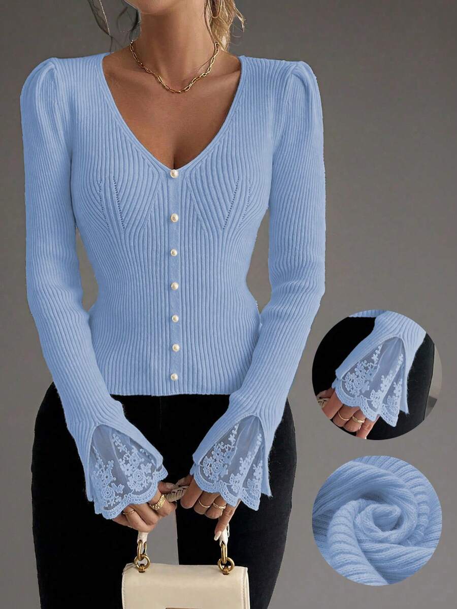 SHEIN LUNE French Lace Patchwork V-Neck Fitted Puff Sleeve Knit Sweater With Pearl Decor, Long Sleeve - Blue - View 1