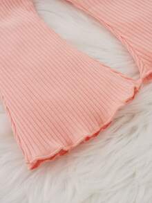 SHEIN Baby Girl Flounce Sleeve Bow Front Bodysuit & Flare Leg Pants - Coral Pink - View 4