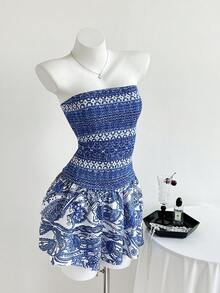 Elamini Petite 女士度假花卉印花荷叶边下摆露肩连衣裙