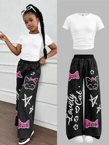 Tween Girl Spring/Summer Fashion Street Style Fitted White Short Sleeve Crew Neck T-Shirt + Cute Y2K Graffiti Letter & Animal Print Loose Wide Leg Pants 2-Piece Set - Black and White - View 1