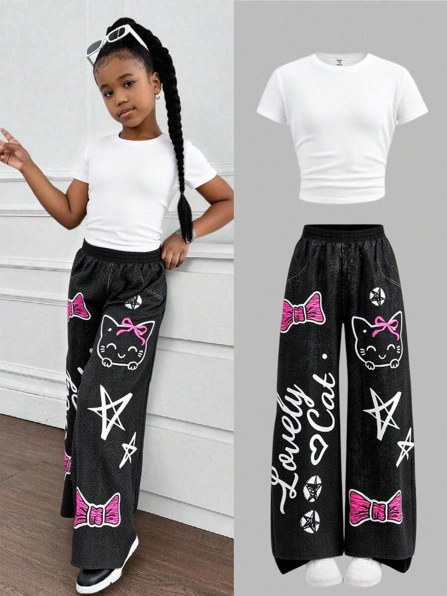 Tween Girl Spring/Summer Fashion Street Style Fitted White Short Sleeve Crew Neck T-Shirt + Cute Y2K Graffiti Letter & Animal Print Loose Wide Leg Pants 2-Piece Set - Black and White - View 1