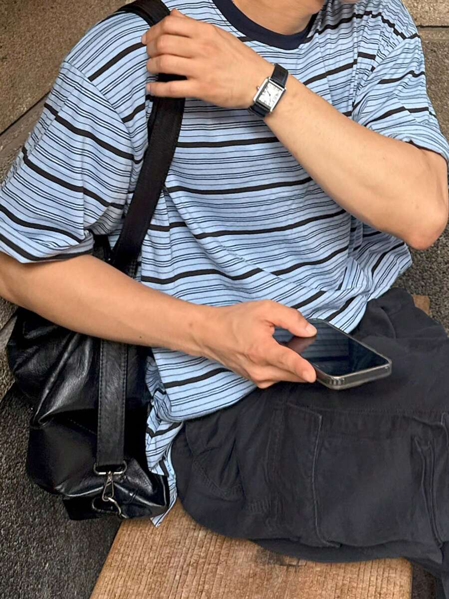 DAZY 男士休闲蓝黑条纹短袖T恤，夏季 - 彩色 - 查看 1