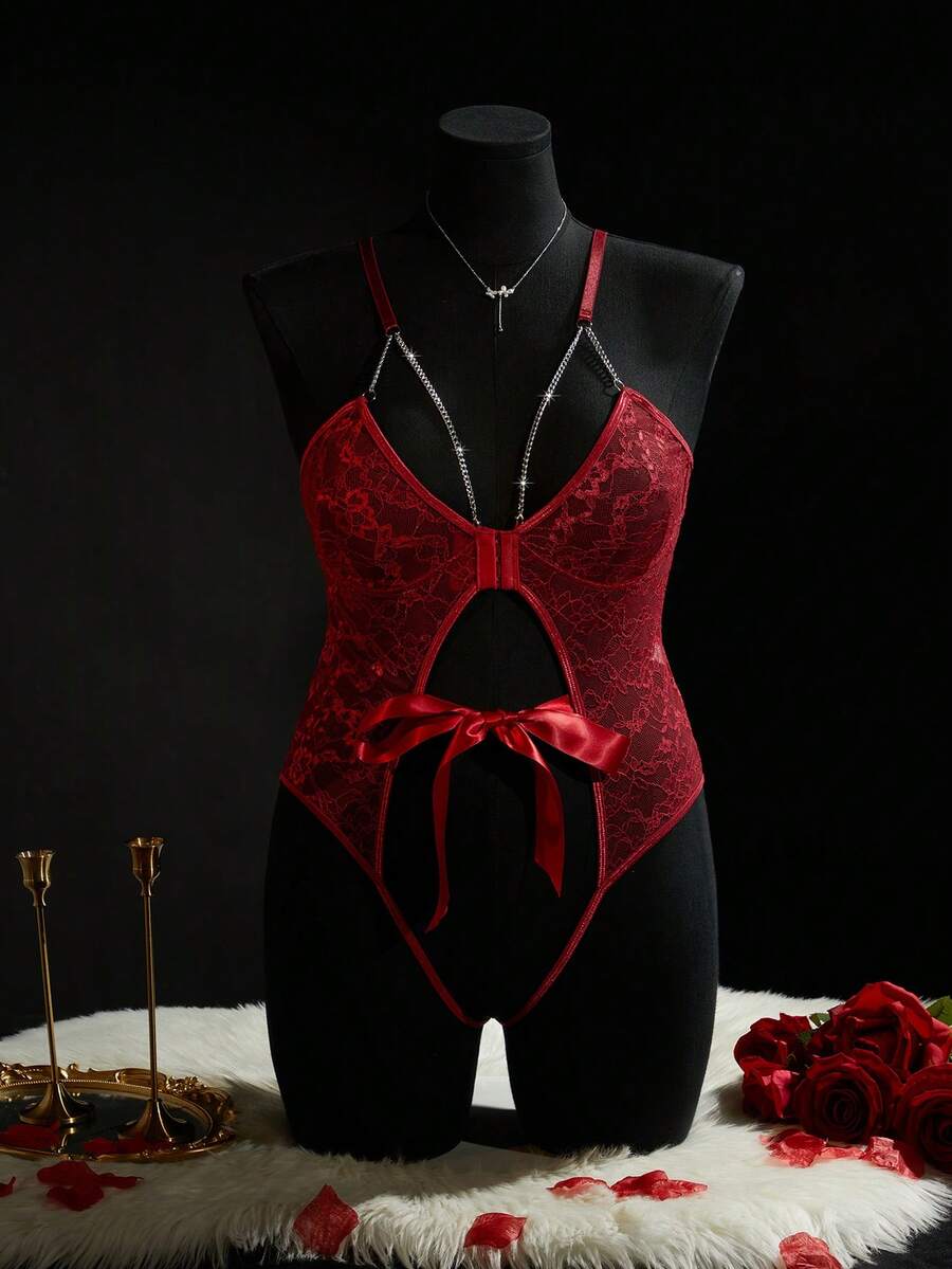 SpicyHot Plus Size Lace Sheer Twist Chain Decor Lingerie Lingerie Bodysuit Plus Size Plus Size Lingerie Sexy - Burgundy - View 1