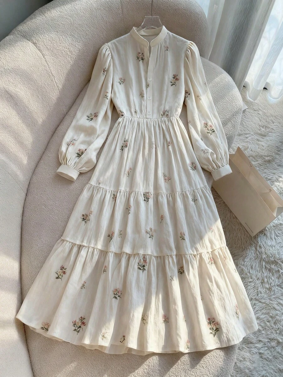 Franclia Women's Elegant Floral Print Waist Cinched Long Dress Cottagecore Dress Tiered Dress Wildflower Dress French Style Dress Tea Party Dress - Multicolor - View 1