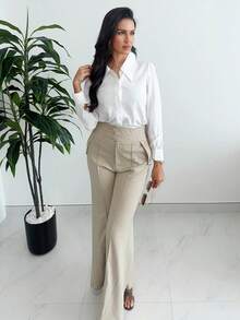 MDEdit Chemise décontractée pour femmes de couleur unie avec col rabattu et boutons devant, printemps/été - Blanc - Voir 2