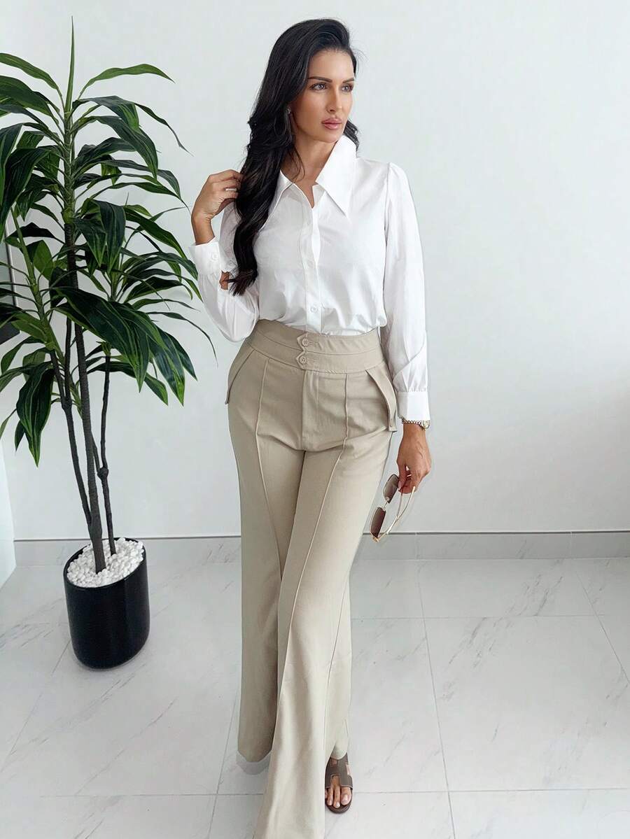 MDEdit Chemise décontractée pour femmes de couleur unie avec col rabattu et boutons devant, printemps/été