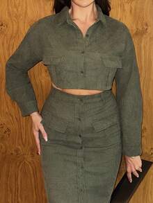 MDEdit Ladies' Solid Color Button Up Shirt And Split Hem Skirt Set  - Army Green - View 5