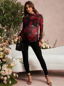 SHEIN 孕妇优雅印花薄纱长袖性感T恤