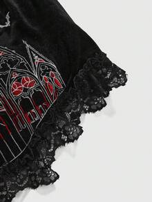 ROMWE Goth Top Sem Alças com Bordado de Cruz de Castelo Gótico, Renda e Retalhos, para Halloween - Preto - Visão 4