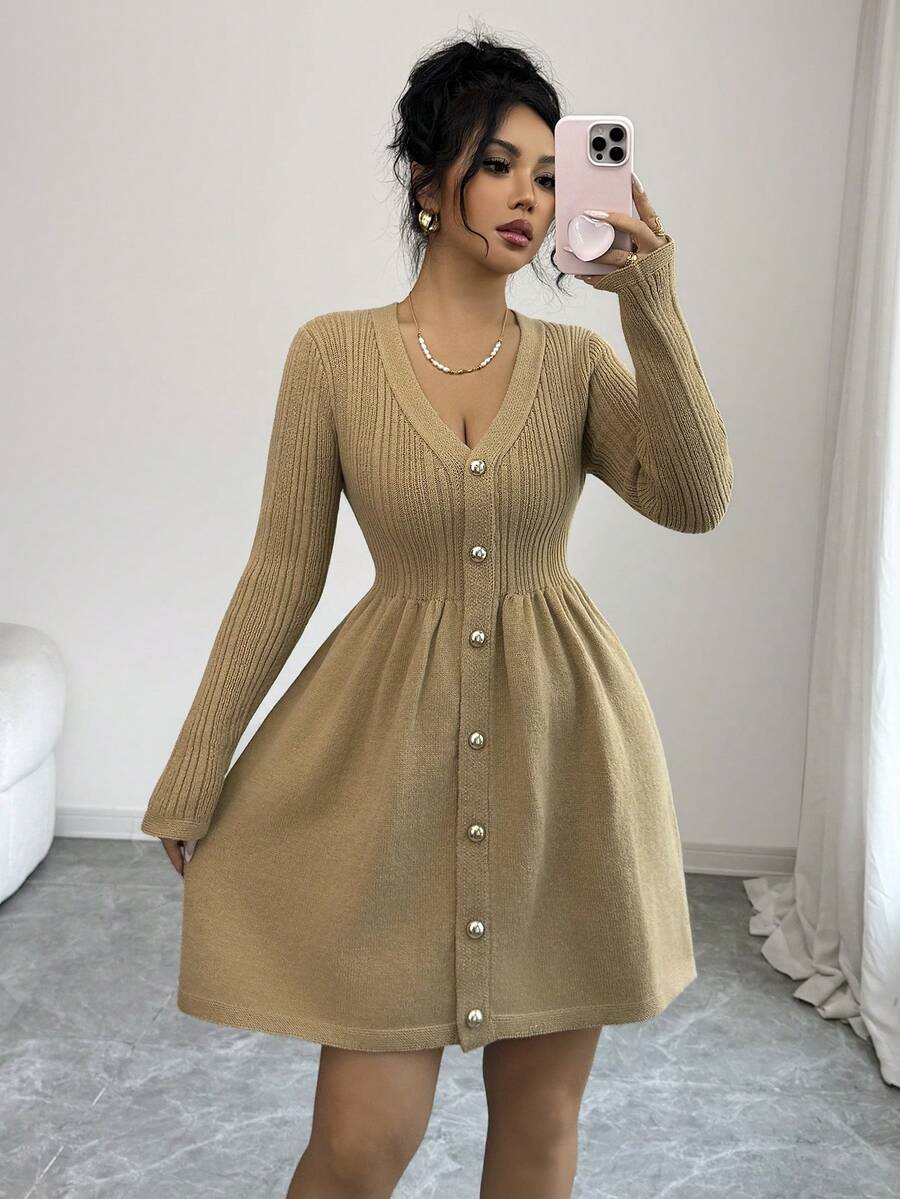 SHEIN Elenzya Women's Elegant Solid Color V-Neck Ribbed Button Long Sleeve Sweater Dress - Khaki - View 1