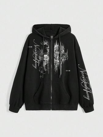 Grunge Punk Felpa con chiusura lampo, tasche e logo con scritta bianca su sfondo nero, stile punk, per donne