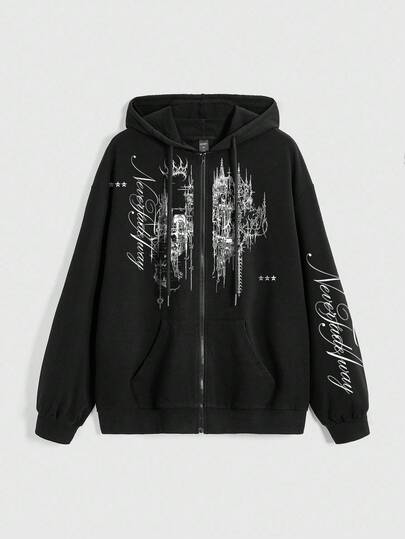 Grunge Punk Sudadera con cremallera y bolsillo con logo de letras blancas con lema de castillo de espinas punk para mujeres