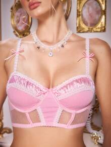 FairyFlirt Áo ngực có gọng ren lưới mỏng phối ren tương phản, lãng mạn, thanh lịch dành cho nữ - Hồng - Xem 2