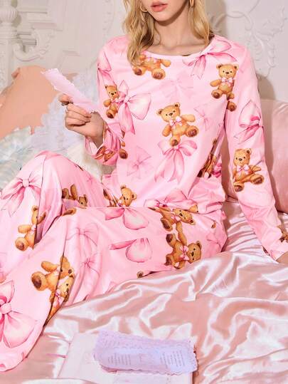 SweetSlumber Schattige Ins Bear Bow Cartoon Pattern Round Neck Women Pajama Set view 4