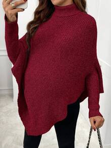 SHEIN Elegante Poncho de Suéter Gola Alta de Cor Sólida para Mulheres Grávidas, Outono/Inverno - Vinho - Visão 3