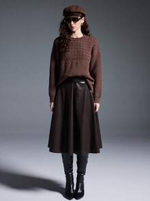 MYSTAURA Sweater Rajut Longgar Wanita Kasual Sehari-hari, Warna Polos Sederhana, Bahu Jatuh, Model Kabel, Musim Gugur/Dingin - Coklat - View 5
