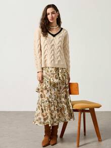 MYSTAURA Women's V-Neck Contrast Trim Elegant Fashion Long Sleeve Pullover Sweater, Autumn/Winter - Apricot - View 4