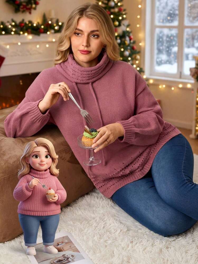 Plus Size Solid Color Turtleneck Sweater, Pink Sweater Casual For Autumn/Winter Christmas New Year Stylish Jumpers