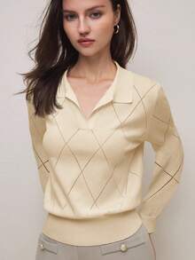 BizChic Women's Polo Collar Diamond Knit Pattern Long Sleeve Pullover Sweater, Urban Commute Business Casual Blouse, Elegant Office Wear, Party & Gathering Top, Suitable For Summer - Apricot - View 5