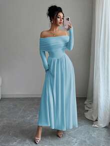 Elenzga Robe longue élégante à manches longues, épaules dénudées et plissée de couleur unie pour femmes - Bleu azur - Voir 7