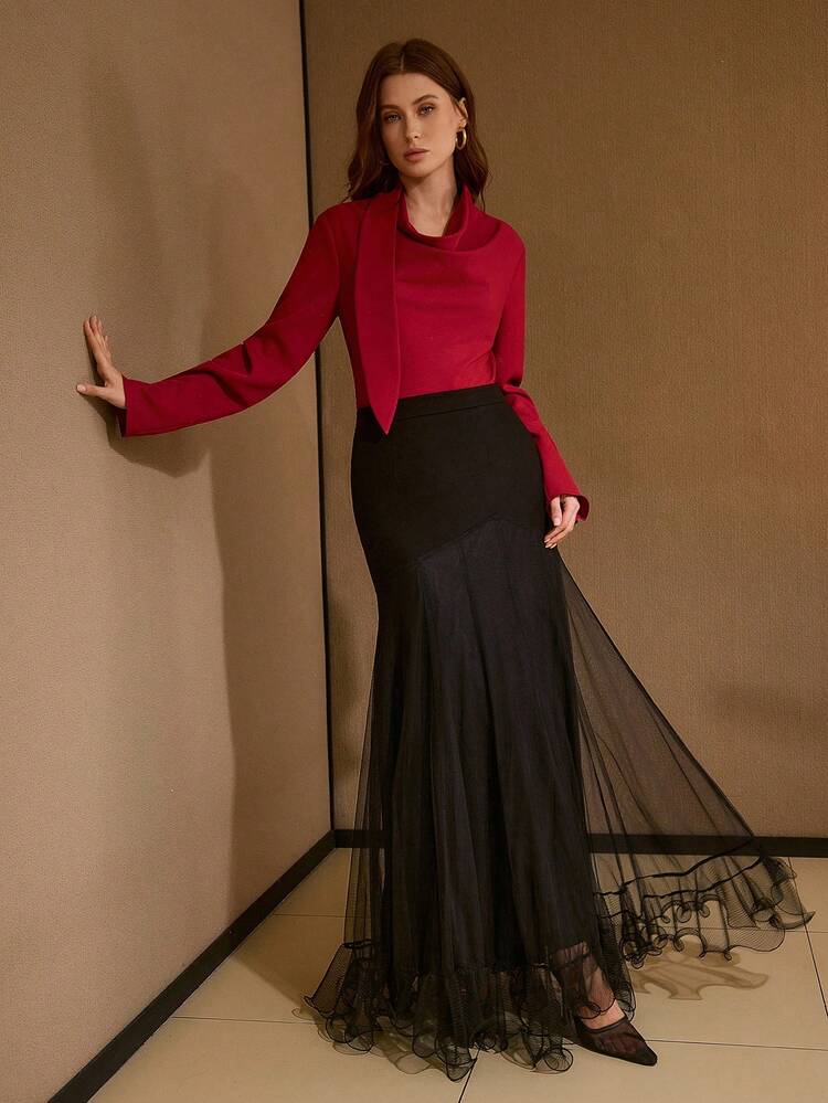 WOMEN'S LONG PLEATED SKIRT WITH ROMAN FABRIC AND MESH PATCHWORK