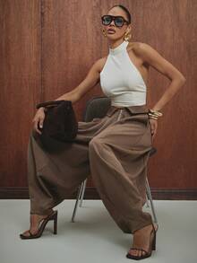 Hauture Women's Balloon Leg Pant With Low Rise Turn Down Waistband - Brown - View 1