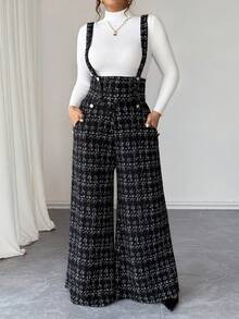Bộ jumpsuit nữ cỡ lớn Elenzga thanh lịch, in họa tiết, chất liệu co giãn, ống rộng, cạp cao, khóa kim loại tinh tế, phù hợp cho nhiều dịp, du lịch sang trọng, đi làm hàng ngày, quần công sở. - màu đen - Xem 3