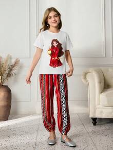 Ensemble t-shirt à manches courtes blanc et pantalon de jogging avec imprimé de personnages de dessin animé pour la période du Ramadan, pour les jeunes filles - Multicolore - Voir 3