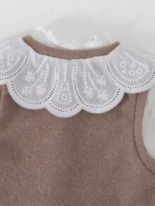 Sweetra 3 pièces Ensemble Fille Genkimix avec Top à Col Volant unicolore + Gilet Décontracté à Boutons avec Décor Col Floral + Pantalon Droit unicolore - Gris - Voir 4