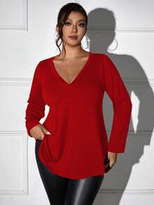 Femmeverse Camiseta casual de manga larga con cuello en V de un solo color para tallas grandes, para primavera - Rojo - Ver 7