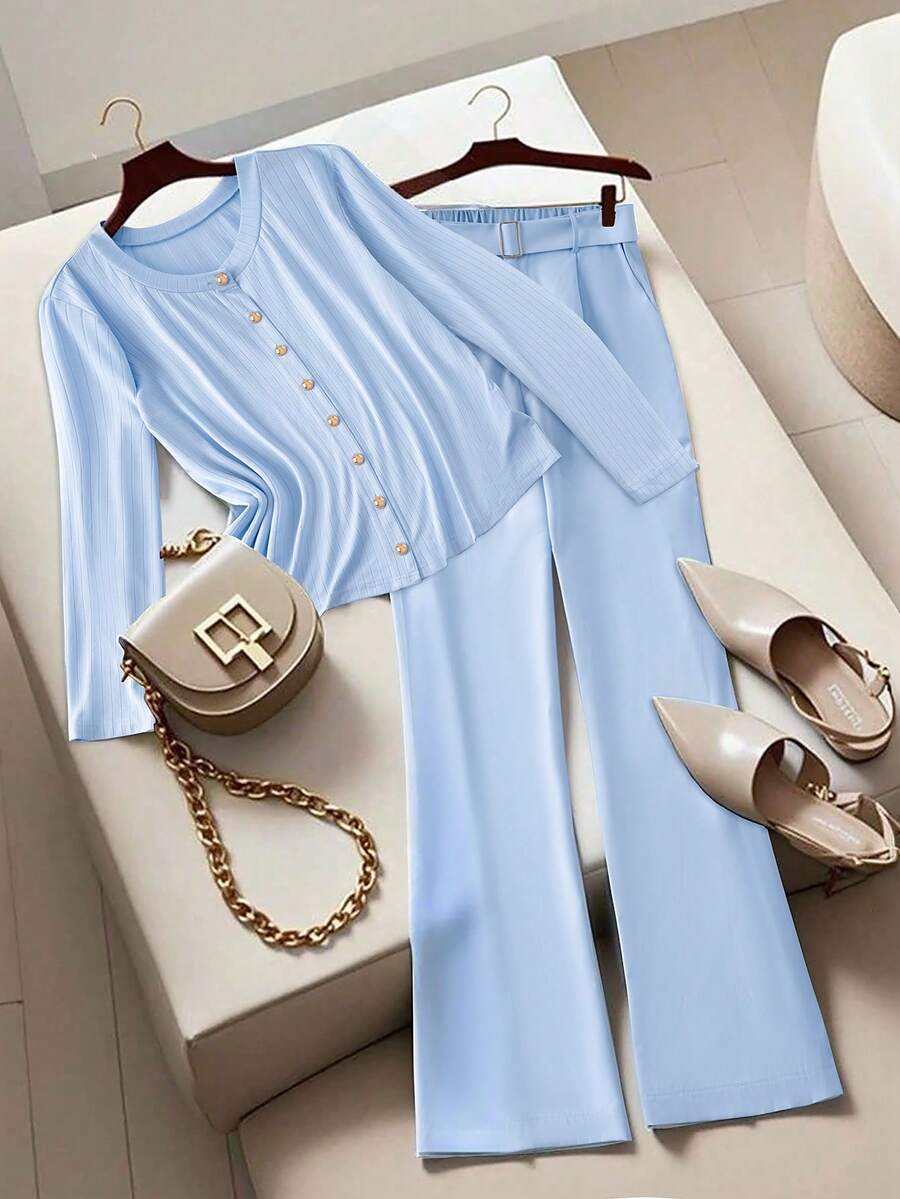 SHEIN LUNE Bộ đồ 2 món thường ngày thiết kế áo dài tay cài nút màu trơn cỡ lớn cho nữ - Màu xanh lam - Xem 1