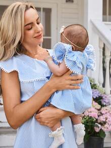 Newborn Baby Girl Blue And White Striped Ruffled Hem Dress, Summer - Baby Blue - View 5