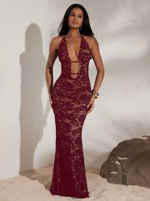Opulessa Vacation Solid Color Knit Lace Halter Deep V-Neck Cold Shoulder Dress For Women,Party Dresses Date Night Red Wine Plunge - Red - View 2