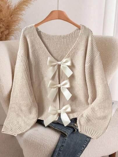 Franclia Suéter holgado de punto con lazo decorativo en los hombros para mujer