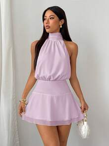 SHEIN PETITE 女士性感优雅露背雪纺腰部褶皱连衣裙 - 粉色 - 查看 6