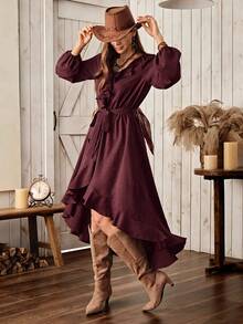 Wildy Đầm midi dài tay kiểu BOHO phong cách đồng quê miền Tây giản dị với viền bèo nhún dành cho nữ, trang phục cơ bản hàng ngày cho mùa thu/đông. - Màu Tím - Xem 7