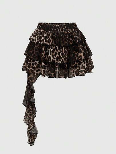 Grunge Punk Plus Size Women Asymmetrical Layered Leopard Print Elastic Mesh Skirt, Sexy Punk Music Festival Party Outfit